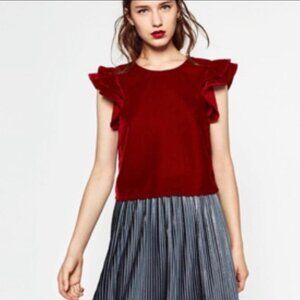 Zara (M) Deep Red Velvet Short Flutter Sleeve Boxy Fit Top